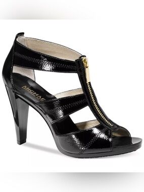 MICHAEL Michael Kors Black Patent Leather Zip-Strap Peep Toe Heel